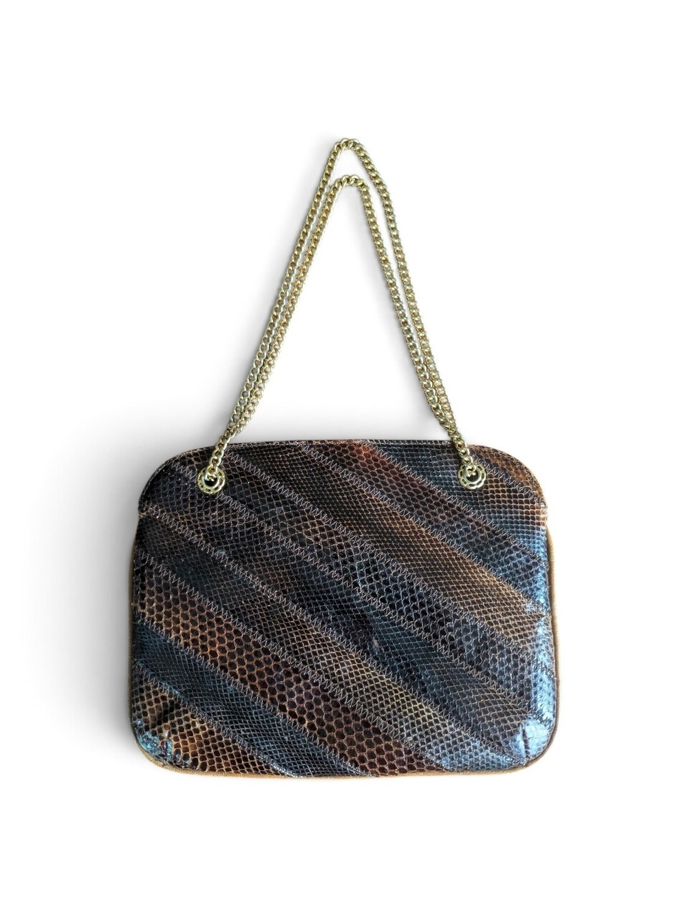 Vintage Y2K Genuine Snakeskin Shoulder Bag – Gold Chain – Brown & Black